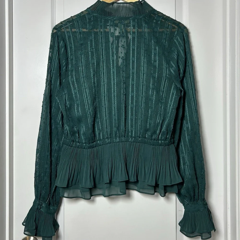 Ryegrass Green Lace Chiffon Ruffle Peplum Tie Neck Blouse Fairycore Boho Style - Picture 2 of 2